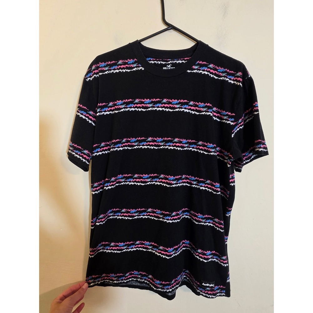 Hollister Mens Relaxed Fit T-Shirt Black Pink Blue Striped‎ Cotton Large L